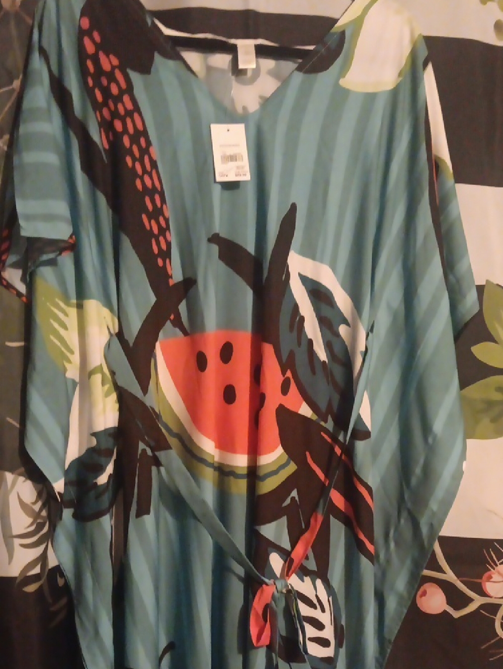 Cato Teal Blue Midi Dress with Red and Green Print